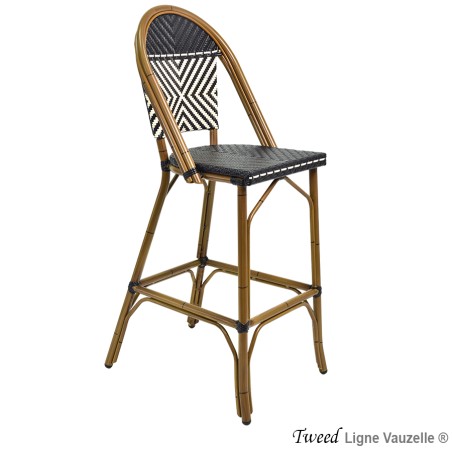 Tabouret "TWEED", Alu Epoxy Rotin, Tressage Noir Décor Ivoire