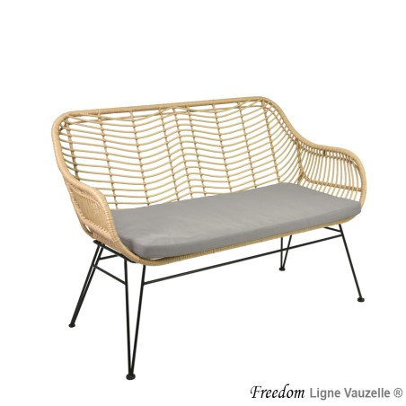 Canapé"FREEDOM SAFARI",Tressage Imit. Paille+Coussin Gris Taupe