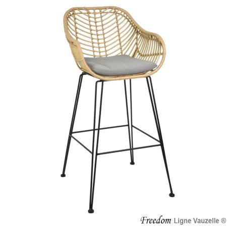 Tabouret"FREEDOM SAFARI",Tress.Imitation Paille,Coussin Gris Taupe
