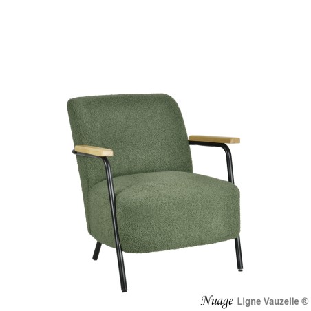 Fauteuil "NUAGE" Tapissé Bouclettes Kaki, Bois Naturel