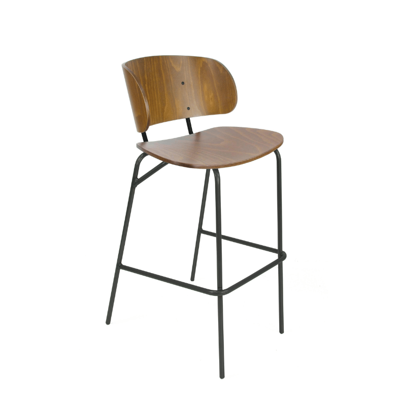 Tabouret KOLINE Assise et Dossier Bois Teinté Noyer structure Noire